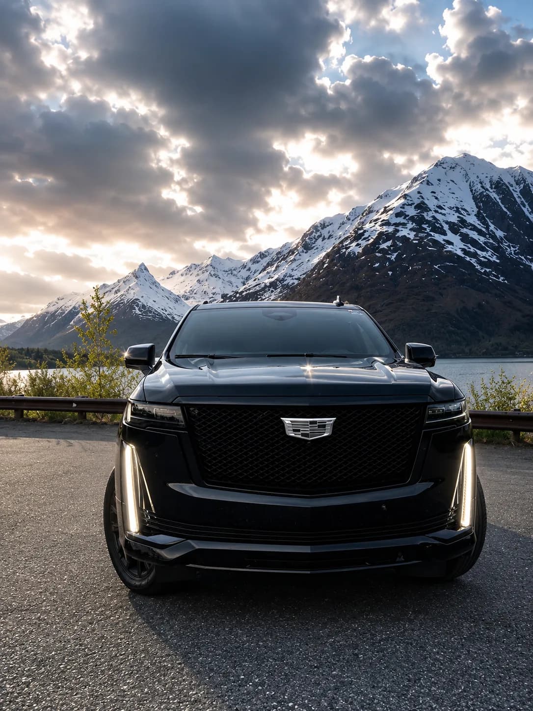Blacked-out Cadillac Escalade facing dramatic twilight clouds over the mountains, Alaska