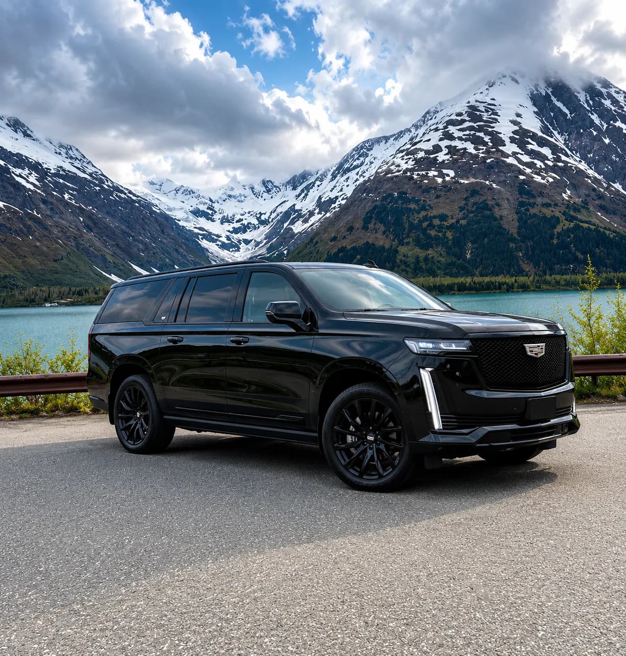 Cadillac Escalade in profile beside a turquoise glacier lake and snow-capped mountains, Alaska