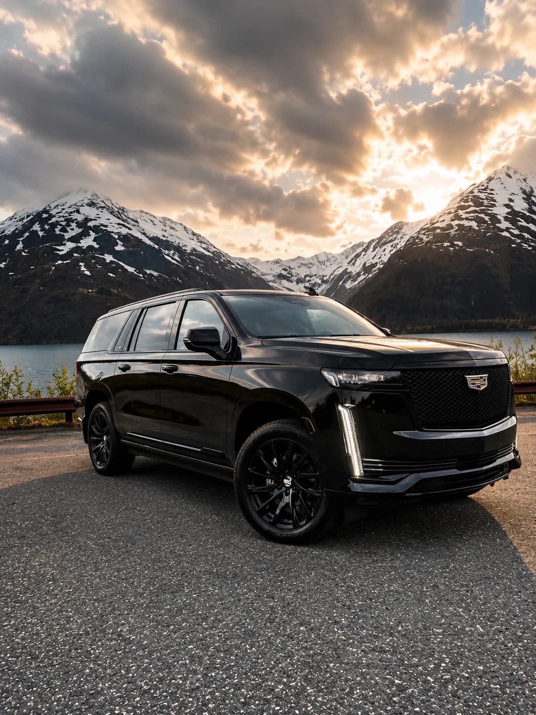 Cadillac Escalade head-on at sunset below snow-capped peaks beside a glacier lake, Alaska