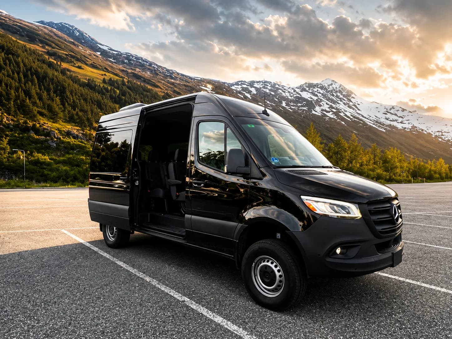 Black Mercedes-Benz Sprinter Van with the passenger door open at sunset below snowy mountains