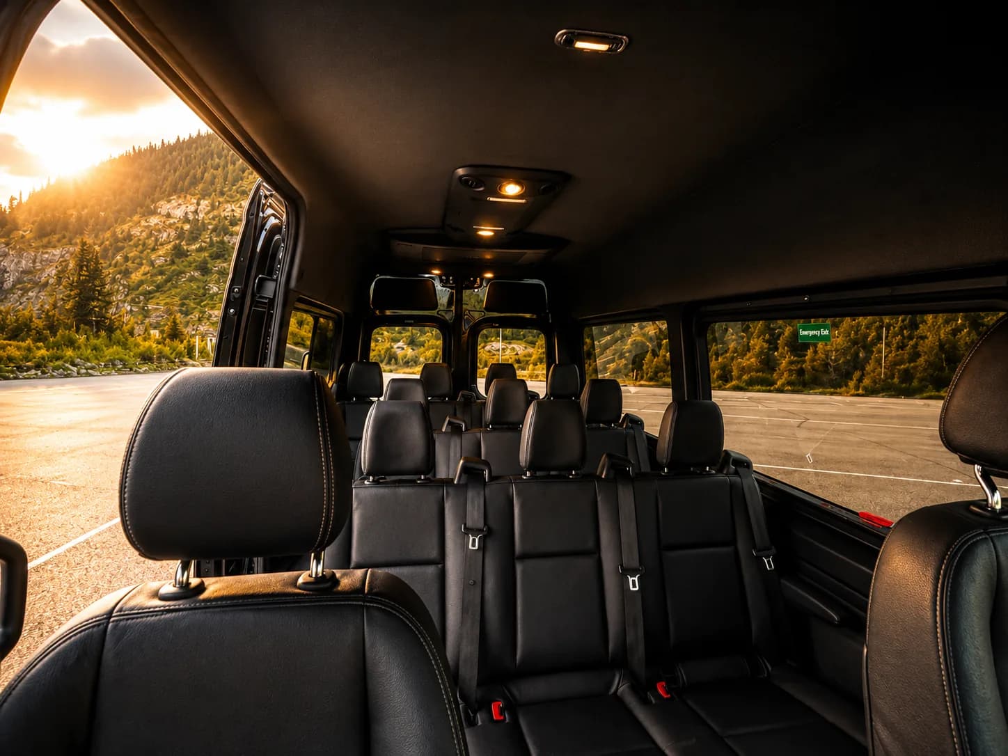 Interior of the eleven-passenger Sprinter Van with premium leather seating at sunset