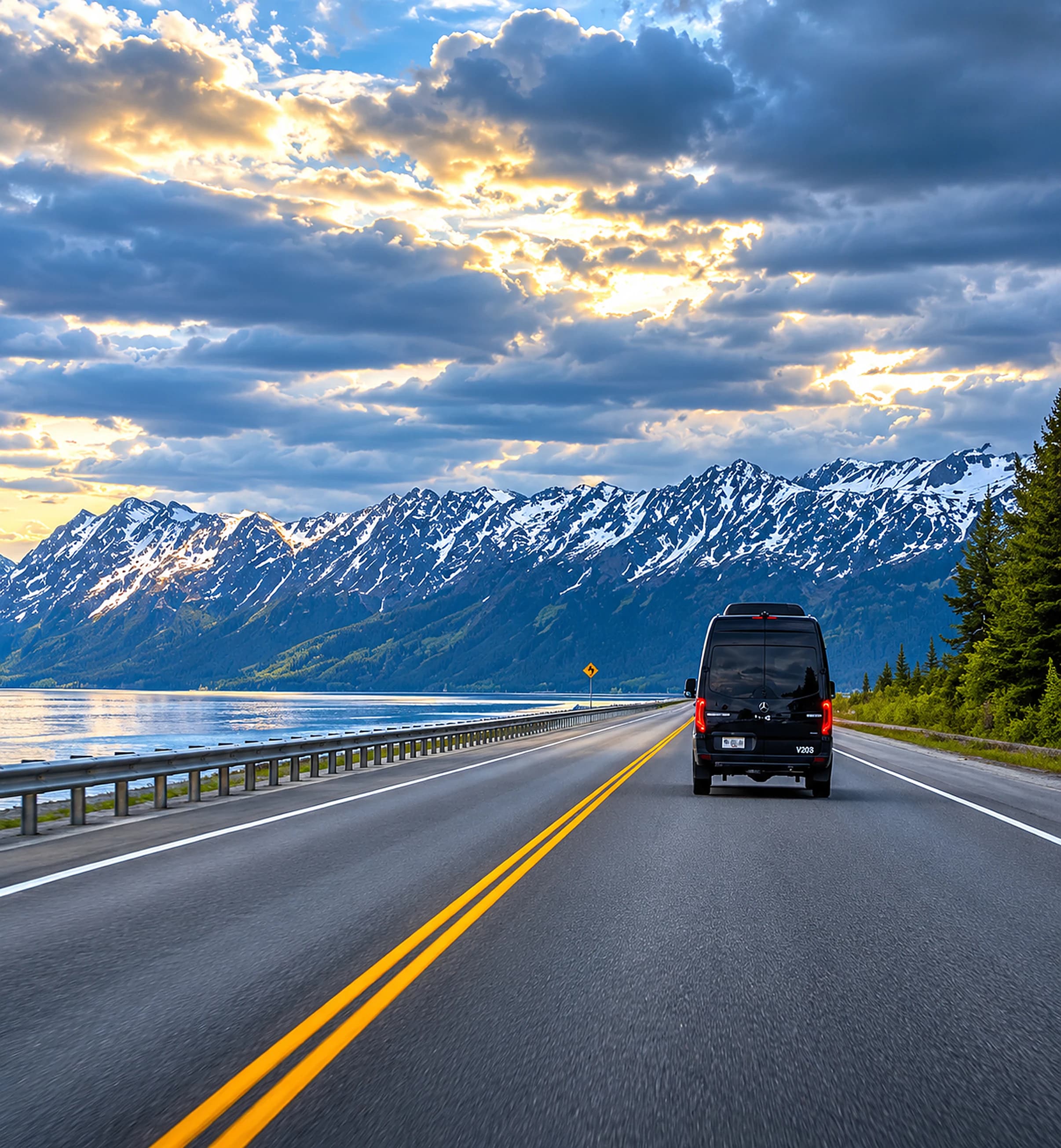 The Sprinter Van on the Seward Highway along Turnagain Arm under a dramatic Alaska sky