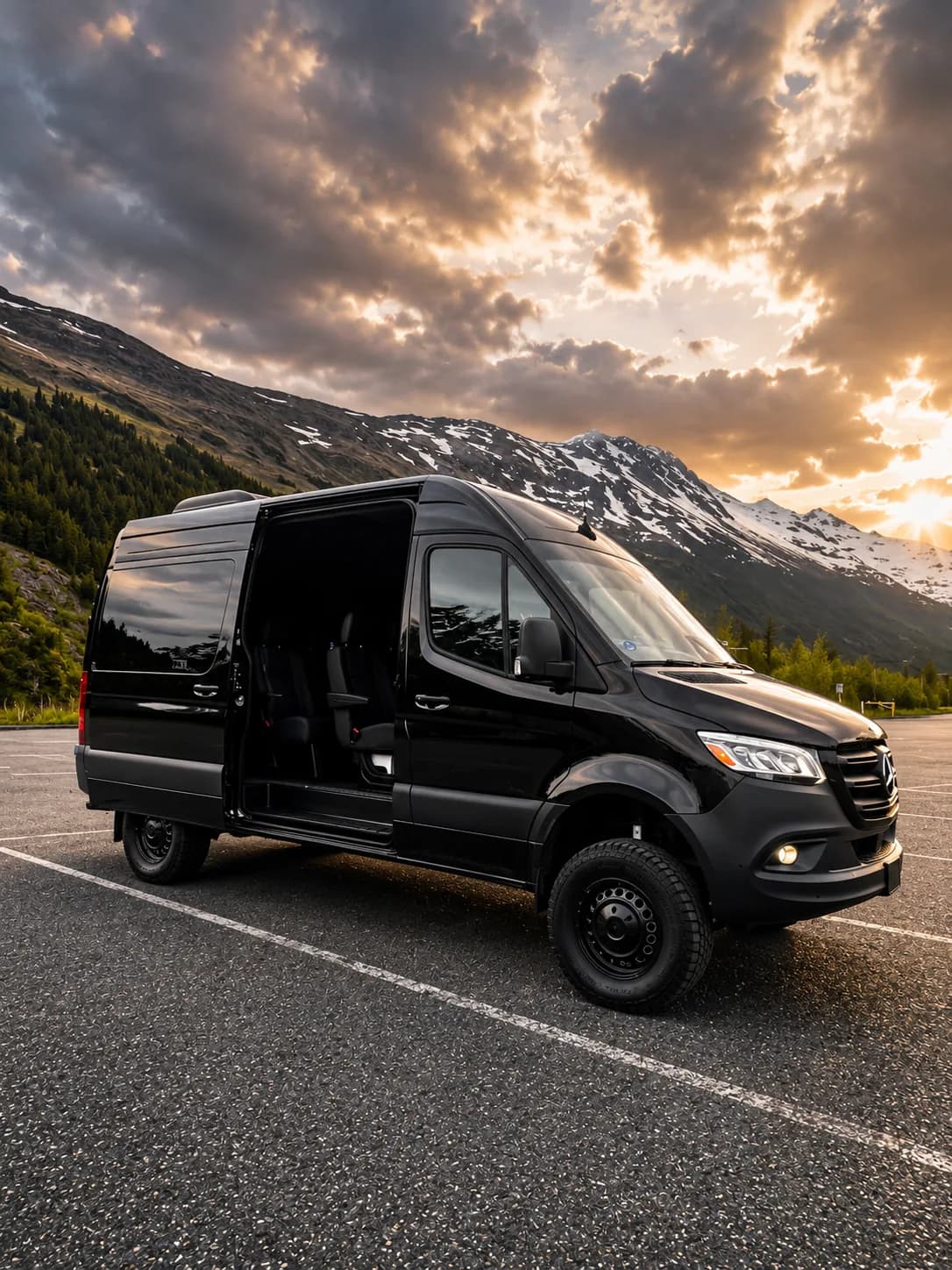 Mercedes-Benz Sprinter Van with the passenger door open at golden hour, snow-streaked peaks behind