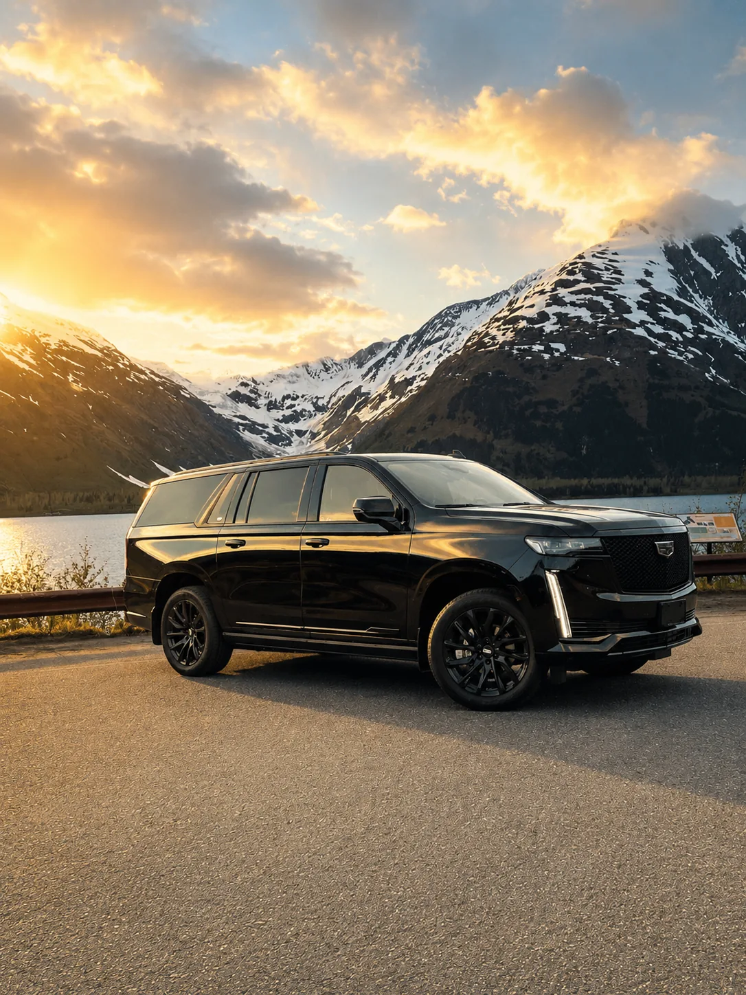 Cadillac Escalade at golden hour beside a glacier-fed lake, Alaska